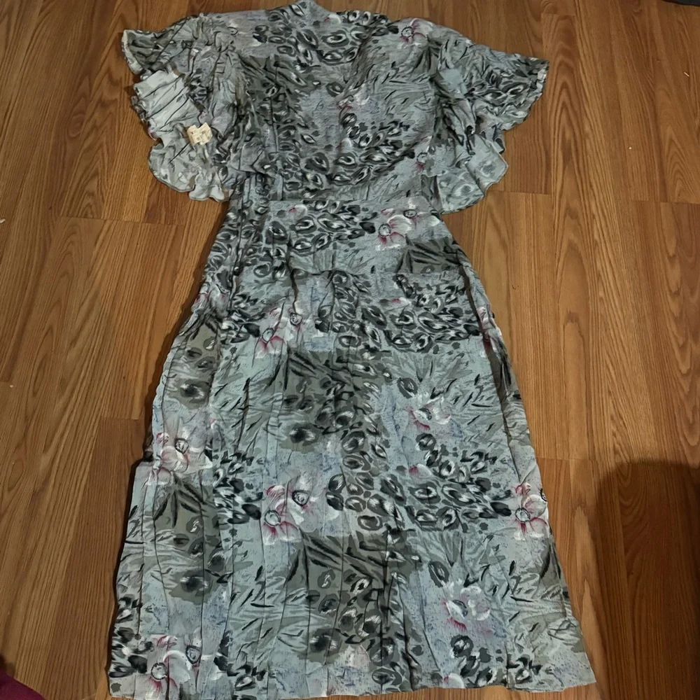 Vintage April Rain Animal‎ Floral Print Wrap Midi Short Sleeve Dress Boho Retro